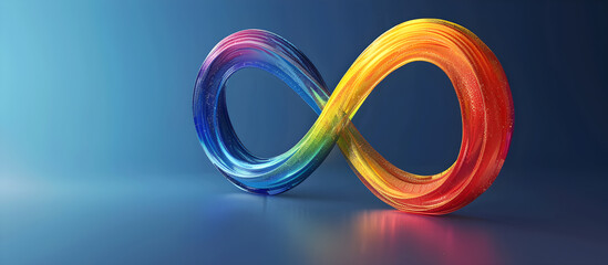 World Autism Awareness Day background with rainbow colored infinity symbol on blue background, representing support and solidarity for individuals with autism and neurodiversity - obrazy, fototapety, plakaty