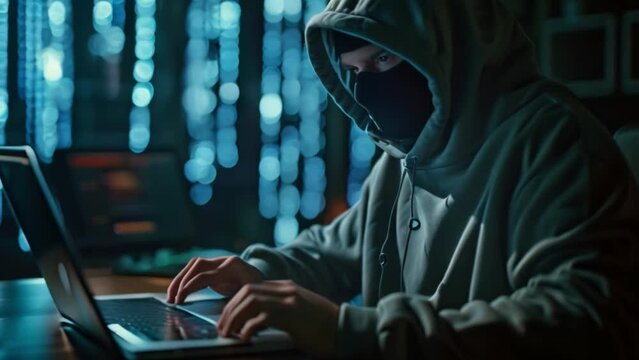 A hacker in a black hooded robe sitting in front of a computer steals data Cyber attacks on computer networks Internet hackers use viruses to steal information