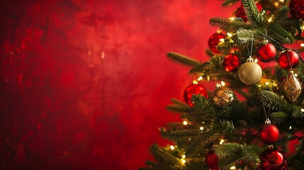Fototapeta na wymiar decorated Christmas tree adorned with shimmering ornaments and twinkling lights, against a red background