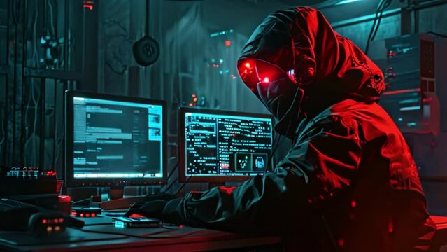 A hacker in a black hooded robe sitting in front of a computer steals data Cyber attacks on computer networks Internet hackers use viruses to steal information