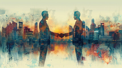 Two People Shaking Hands in Front of City Skyline