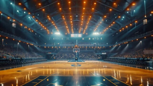 An empty indoor basketball court with no people Landscape image with copy space for the background of a professional basketball court in a large stadium. There are rows of empty seats.	