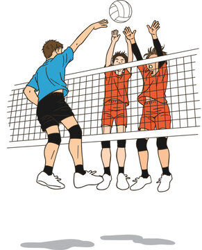 A male volleyball player attacking the ball and two players trying to block it