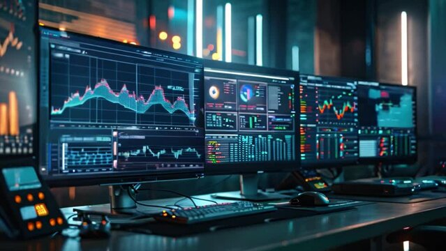 A graph and chart showing the stock market business concept at night on a table, along with a candlestick chart in the office	