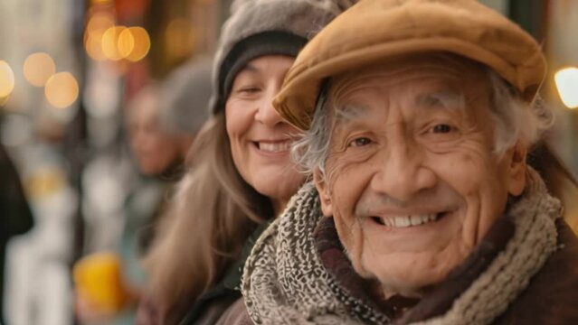 A happy homeless old man or elderly person with a wrinkled face smiles. An optimistic male beggar hopes for a good future.	