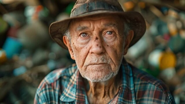 Portrait of an old man or homeless elderly person with a wrinkled face. The beggar looked up at his dream, hoping for a good future.	