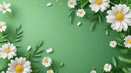 Fototapeta na wymiar Vibrant composition featuring lively daisies with scattered petals, ideal for a fresh banner with blank space