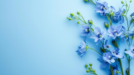 Beautiful blue delphinium flowers showcased on a stunning blue gradient for banner with blank space