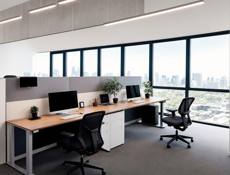 An open office space with two desks, a whiteboard, and a window overlooking the city.