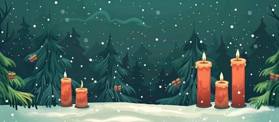 A winter wonderland with candles illuminating snowcovered trees, creating a magical scene. The landscape transformed into an artful display of holiday cheer - obrazy, fototapety, plakaty
