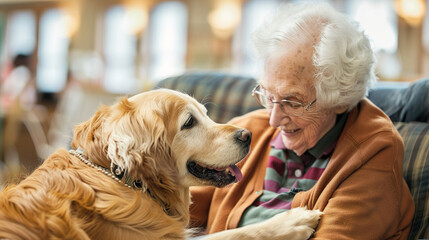Pet therapy sessions allow senior men and women to interact with animals and experience companionship. - obrazy, fototapety, plakaty
