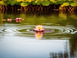 A pink lotus flower floating on the surface of a pond surrounded by lily pads and reeds.