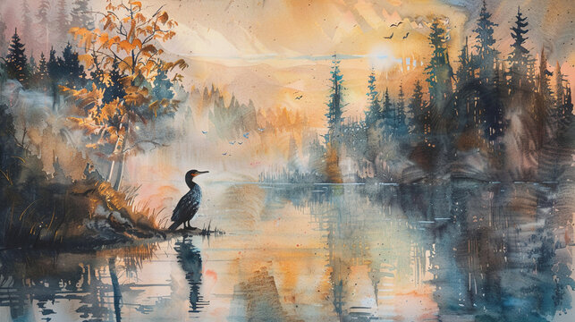Cormorant on forest lake, fish in view, pastel watercolor, dawn light
