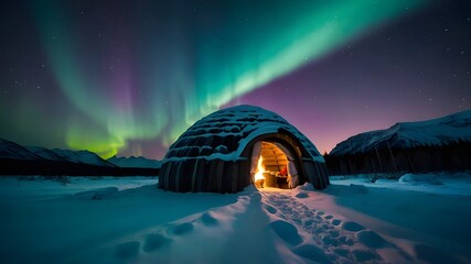 Transport yourself to a winter paradise, where the Northern Lights dance across the sky and the snow glistens under the moonlight. A cozy igloo sits in the foreground, inviting you to step inside and  - obrazy, fototapety, plakaty