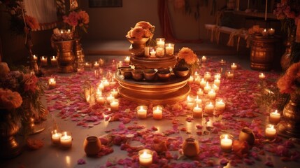 Fototapeta na wymiar Bhai tika celebration festival of sibling bonding and love,The room was covered with burning candles and flowers