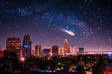 Cityscape at night with a meteor shower brightening the starry sky, symbolizing urban astronomy