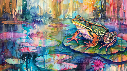 Frog on lily pad, forest backdrop, watercolor, vibrant pastels