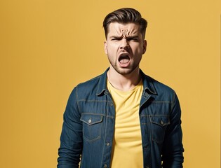 Obraz premium A man wearing a blue shirt and jeans, with his arms crossed and his mouth open in a scream.