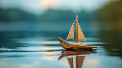 A simple wooden toy boat peacefully sailing on the calm waters