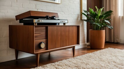 Retro vinyl record player on a wood stand
