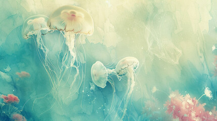 Jellyfish drifting, ethereal watercolor, soft lighting, seen from below - obrazy, fototapety, plakaty