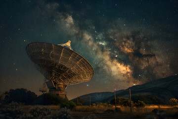 Radio Telescope and Space Astronomy Equipment in the Night Sky