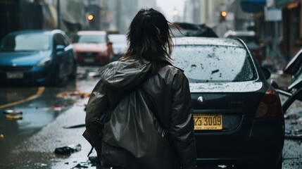 Damaged in a crash on a wet street as a woman walks away in rain 