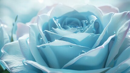 Fototapeta premium A breathtaking light soft blue flower sparkling with dewdrops, its golden petals shimmering with an otherworldly luminescence against a backdrop of lush greenery.