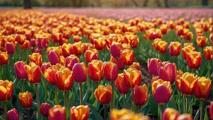 Field of colorful tulips in full bloom