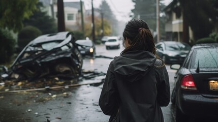 Damaged in a crash on a wet street as a woman walks away in rain 
