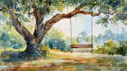 Watercolor painting of a swing under a large, shady tree. Use for wallpaper, posters, cards, brochures.