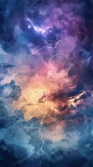 Watercolor paintings of a lightning strikes light up the night. Use for phone wallpaper, posters, cards, brochures.