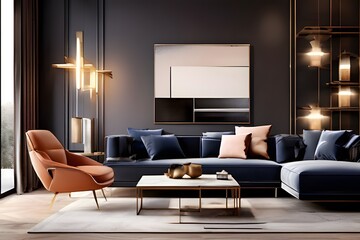 a sleek and stylish image of a contemporary living room featuring a minimalist coffee table with mirror