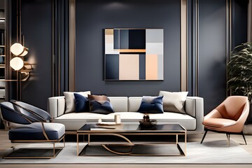 a sleek and stylish image of a contemporary living room featuring a minimalist coffee table with mirror