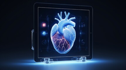 Medical tablet showcases a transparent human heart - obrazy, fototapety, plakaty