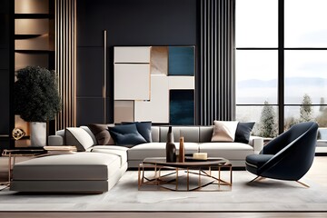 a sleek and stylish image of a contemporary living room featuring a minimalist coffee table with mirror