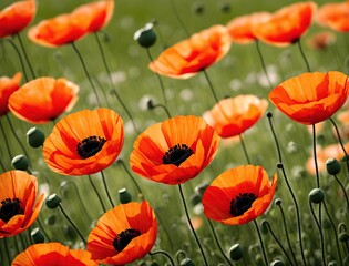 Fototapeta premium A field of red poppies swaying in the wind.