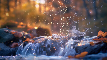 Close-up shot of water droplets splashing on rocks near waterfall