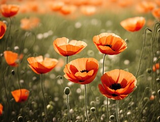 A field of bright orange poppies swaying in the breeze.