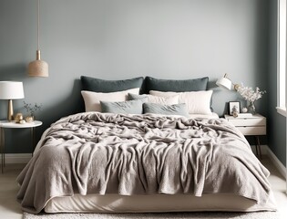 A bedroom with a white bedspread, a white nightstand, and a white lamp on the nightstand.