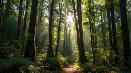 Obraz premium Sunlit forest path with lush greenery