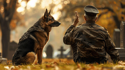 war veteran with german sherped dog at cemetery,memorial day independence day or veterans day concept