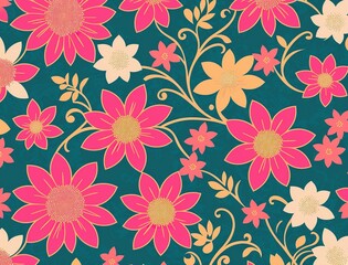 A floral pattern with pink, purple, and green flowers on a blue background.