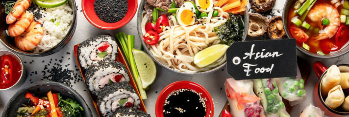 Asian food background with various ingredients.