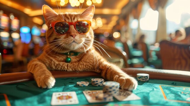 A cat dresses up like a fashion mogul wearing sunglasses and accessories playing poker in a luxury Las Vegas casino.