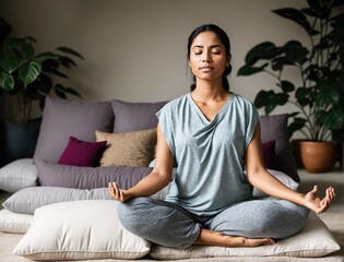A woman sitting in a yoga pose on a cushion in the middle of a living room.