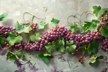 Juicy red grapes on vine, ripe and ready for harvest, amidst lush green leaves, in a fruitful vineyard