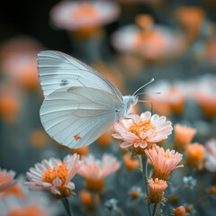 A photo of close up of a white butterfly with many beautiful flowers in a garden, blur background