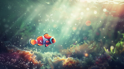 Fototapeta na wymiar Underwater view of a vibrant clownfish, watercolor style, sunlight filtering through water