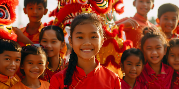 Happy Lunar New Year, Group of Children Beaming with Joy at Celebration